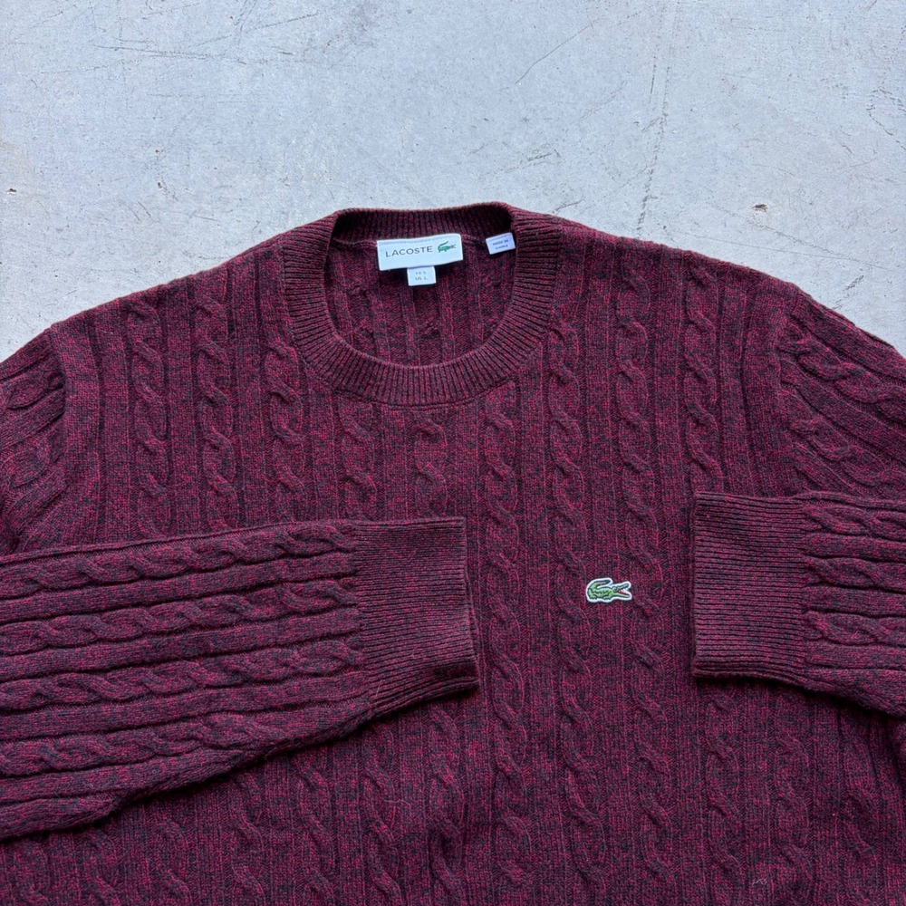 Lacoste Mens Large Burgundy Extra Fine Merino Wool Cable Knit Sweater AH3009